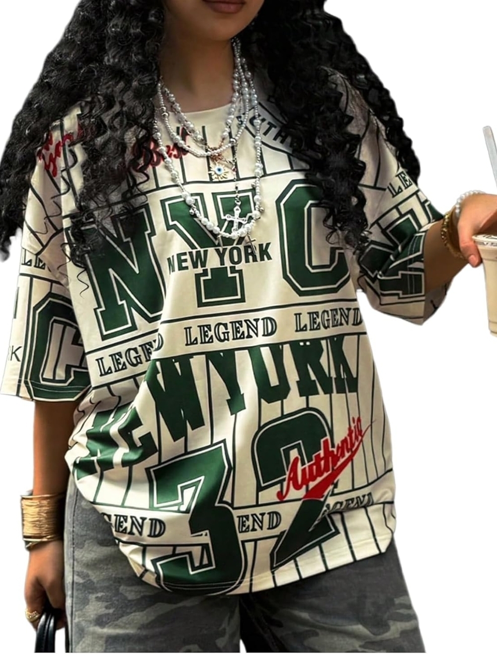NYC Graphic Oversized Tee in Cream & Forest Green